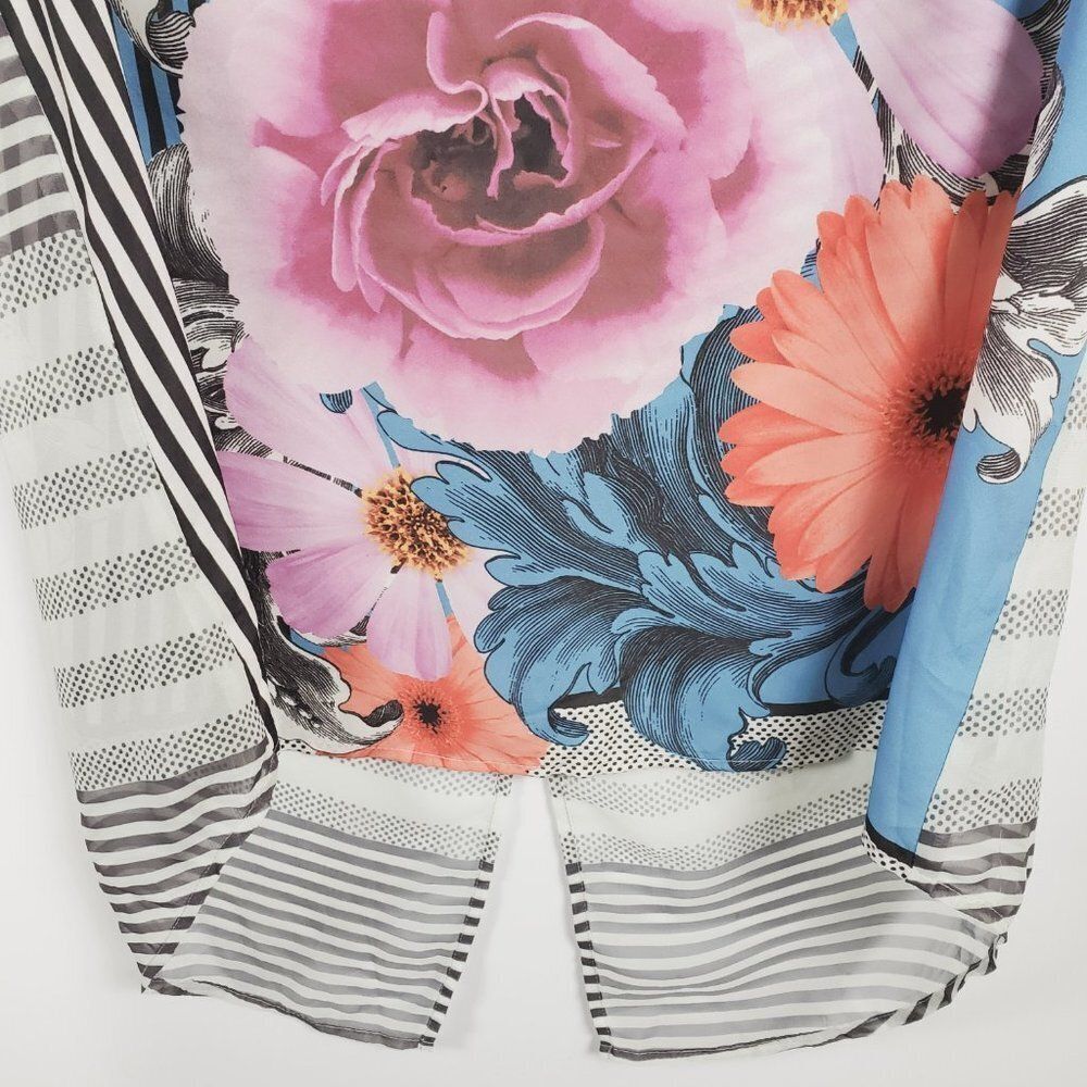 Sleeveless High-Low Flowy Top With Bold Florals and B&W Stripes Sz M - Picture 3 of 11